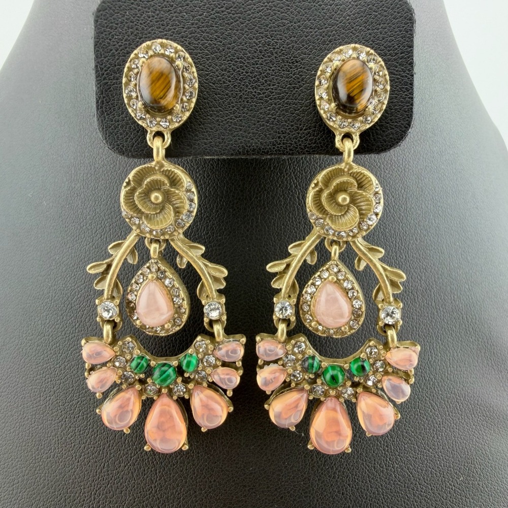 Gold Tone Pink Chandelier Drop Vintage Boho Earrings